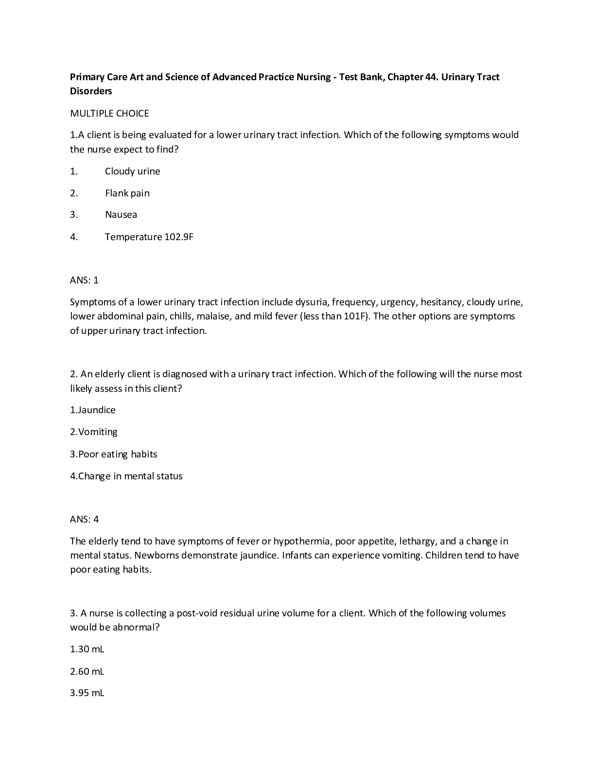 Preview image for Primary Care Art and Science of Advanced Practice Nursing - Test Bank, Chapter 44. Urinary Tract Disorders